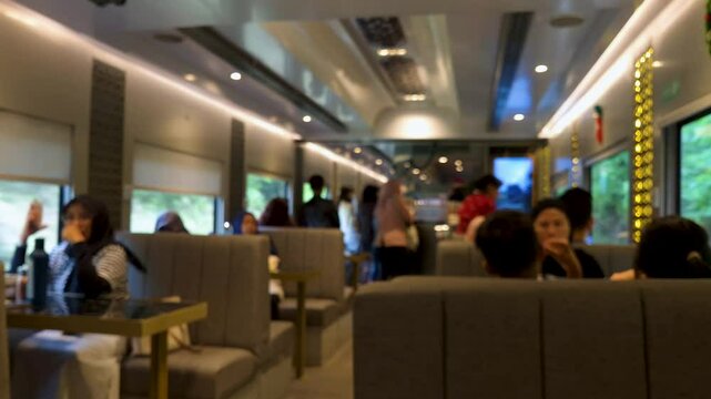 A blurred view of the train's dining car
