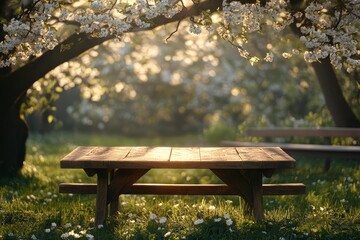 Naklejka premium Outdoor Spring Display: Wooden Table and Bench with Blooming Background