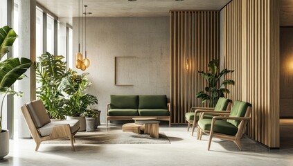 Fototapeta premium Modern minimalist lounge with green armchairs, wooden accents, and indoor plants.