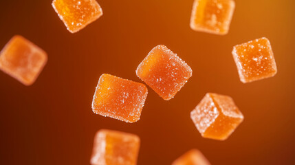 Falling Sugared Orange Gelatin Cubes on Warm Background