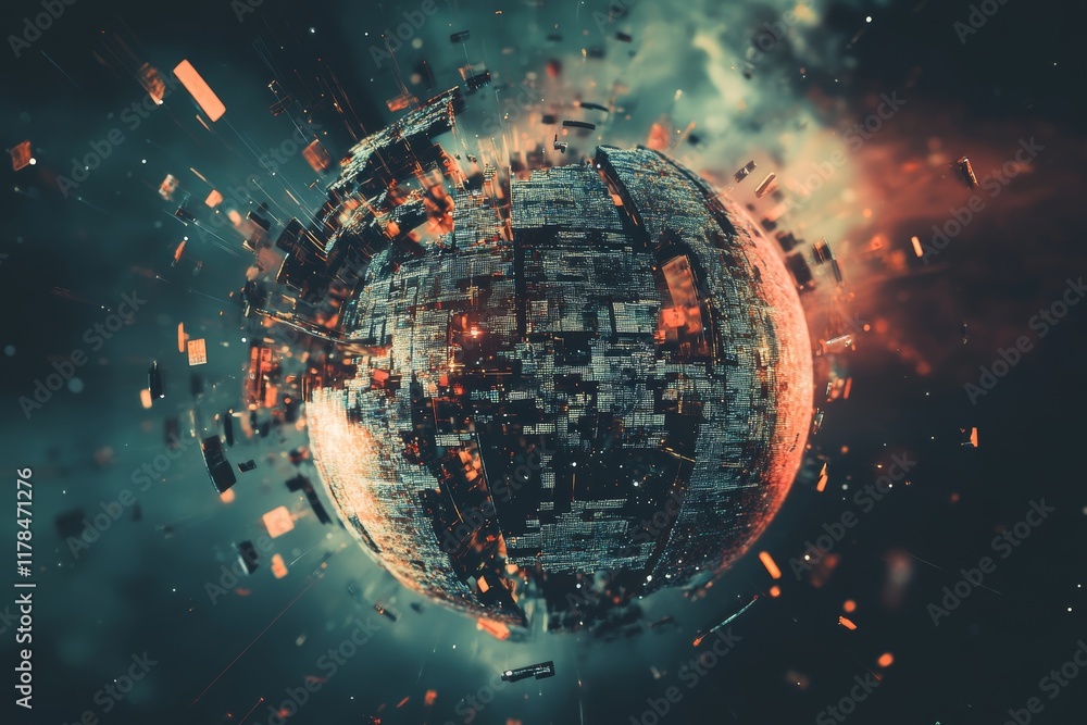Poster floating fragmented globe composed of data lines in a dynamic space background with explosive elemen