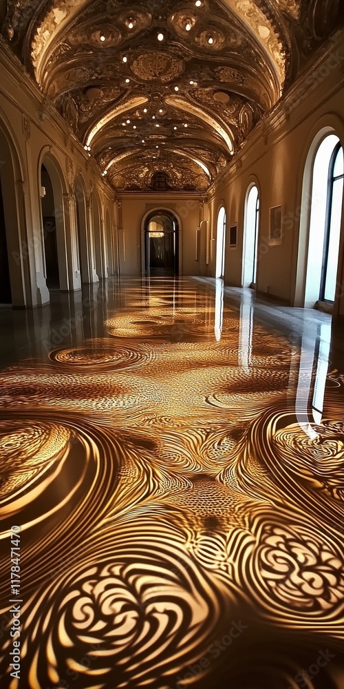 Poster this stunning image captures the surreal reflection of intricate patterns on a gallery floor, showca
