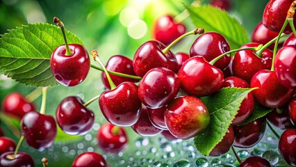 High-resolution stock photo: vibrant red cherries nestled amongst lush green leaves, isolated on a clean white background.