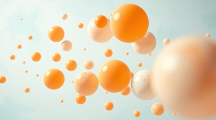 Abstract image showcasing floating orange and white spheres against a soft blue background, creating a playful and dreamlike visual composition.