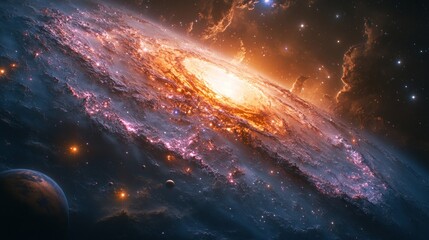 Fototapeta premium A stunning cosmic scene showcasing a vibrant galaxy with swirling colors and celestial bodies.