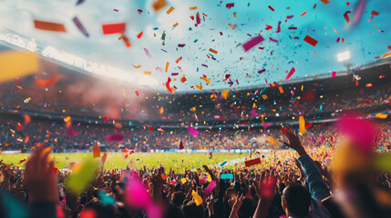 Colorful Confetti Falling on Stadium Field with Audience in Background. Celebration and Festive Atmosphere