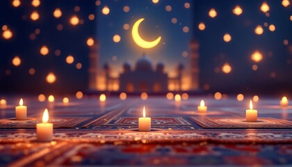 Candles and Crescent Moon: A Serene Ramadan Night at the Mosque - Stock Photo