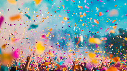 Colorful Confetti Falling on Stadium Field with Audience in Background. Celebration and Festive Atmosphere