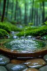 Fototapeta premium Close-up of water droplets falls into a stone basin surrounded by stones and water, creating perfect ripples spreading outwards amidst a peaceful natural setting.