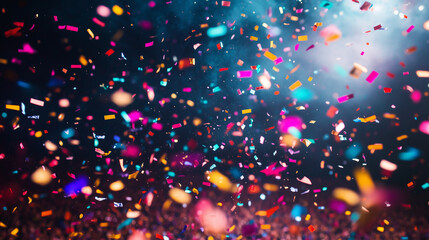 Colorful Confetti Falling on Stadium Field with Audience in Background. Celebration and Festive Atmosphere