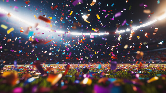 Colorful Confetti Falling on Stadium Field with Audience in Background. Celebration and Festive Atmosphere