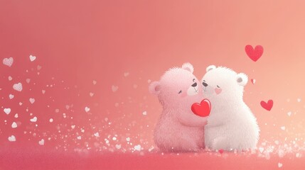 Cute illustration of two teddy bears hugging while holding a heart, against a romantic pink gradient background filled with scattered tiny hearts. Perfect for Valentine’s Day or love-themed designs.