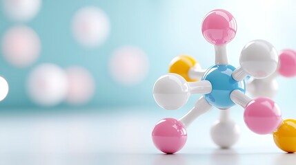 Colorful molecule model on white surface with blurred background.