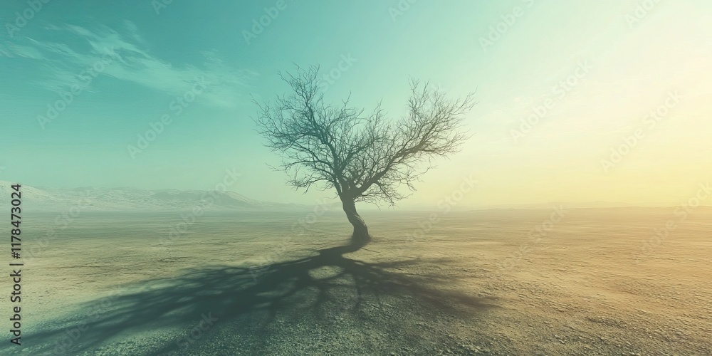 Poster a lone tree stands in an expansive desert, casting a long shadow under a clear sky with soft sunligh