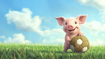 Illustration where a piglet plays soccer with a ball made of hay