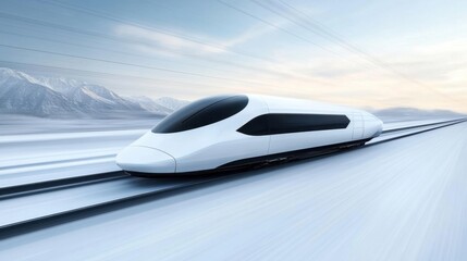 Obraz premium Sleek High-Speed Train in Motion on Tracks Against a Soft Focus Winter Landscape with Mountains