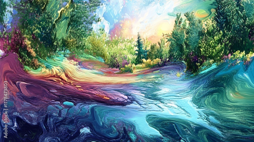 Poster a vivid abstract painting showcasing a colorful forest and river scene with swirling patterns and br