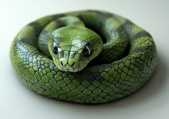 Fototapeta premium Realistic Scaly Green Snake Coiled on a Smooth Surface with Detailed Texture and Shimmering Eyes, Perfect for Nature and Wildlife Illustrations in Stock Photography