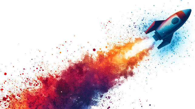 vibrant rocket launching with colorful red and blue smoke trails, creating dynamic and energetic scene. explosion of colors adds excitement and sense of adventure