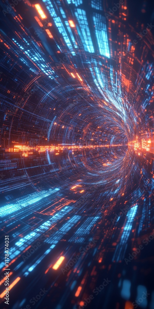 Poster surreal data environment with vibrant objects in motion creating a digital tunnel effect