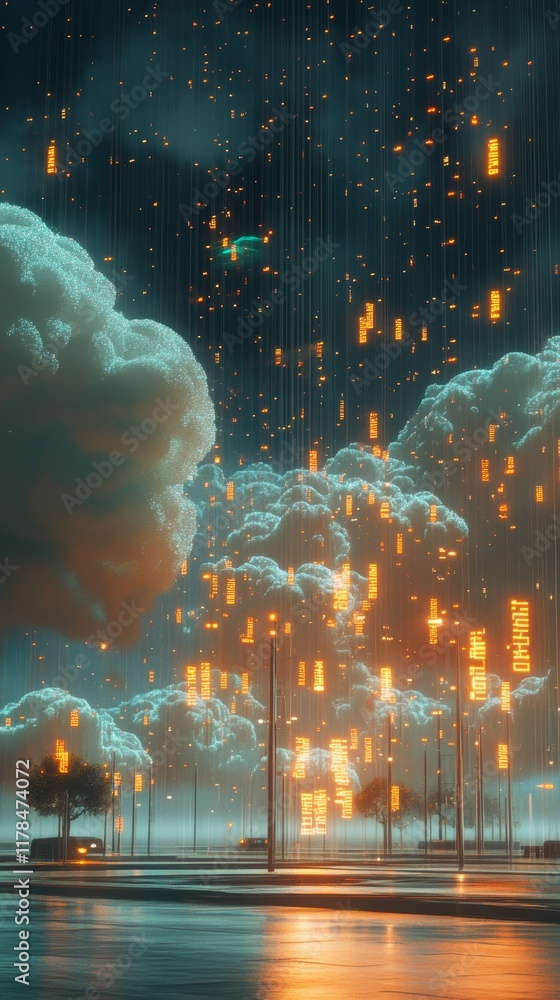 Poster surreal scene of data raining down from clouds with a gentle glow illuminating an enigmatic landscap