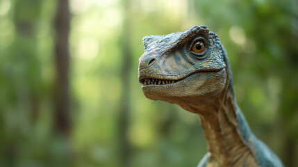 Fototapeta premium Raptor Portrait: A Close-Up of a Juvenile Velociraptor in a Lush Forest Setting 