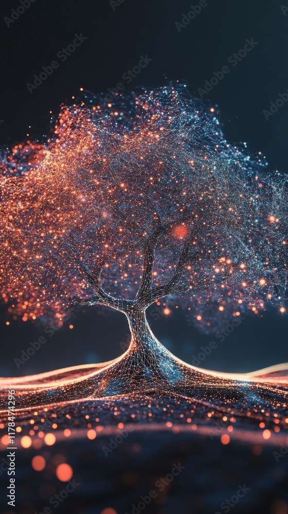 Poster this stunning abstract image features a digital tree illuminated by luminous particles, symbolizing 