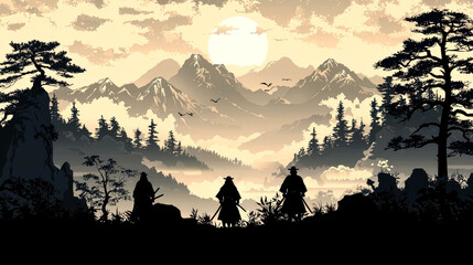 Fototapeta premium Serene Sunset Landscape: Majestic Mountains, Silhouetted Samurai, and Tranquil Nature