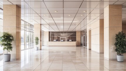 Modern spacious lobby with marble floor, high ceiling, and reception desk.