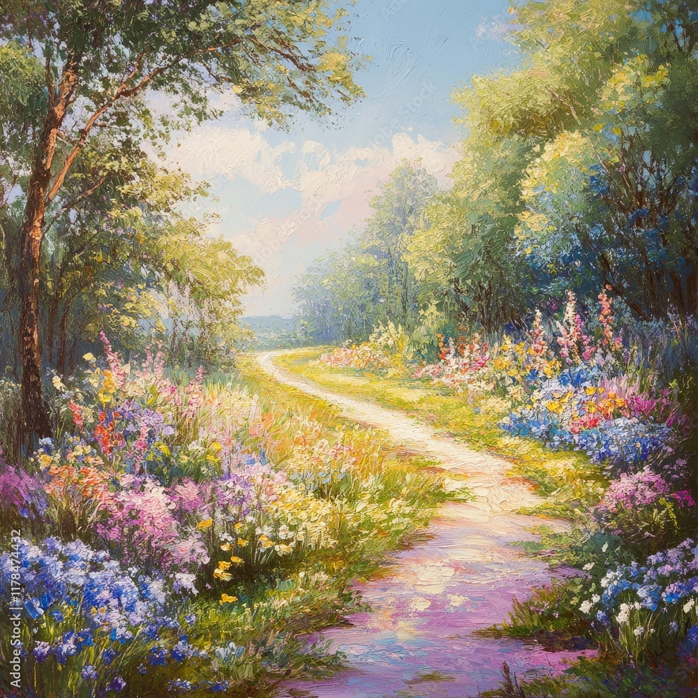 Poster a tranquil scene of a winding path through a colorful wildflower meadow, surrounded by lush trees un