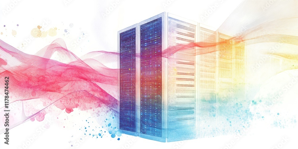 Poster vibrant watercolor illustration of a data server surrounded by abstract color waves and soft texture