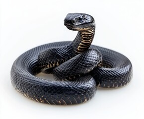 Obraz premium Striking Black Snake with Glossy Scales Coiled Elegantly on a White Background, Showcasing Intricate Patterns and Captivating Form