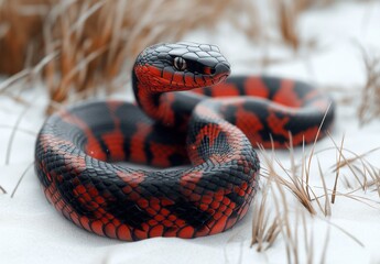 Striking Desert Snake with Black and Red Scales Coiling in Natural Habitat Among Dry Grass and Sand, Capturing Unique Pattern and Detail in Wildlife Photography