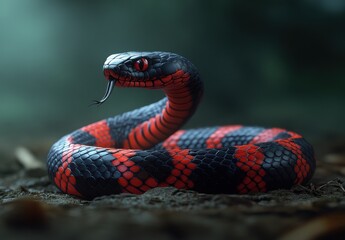 Striking Red and Black Snake Ready to Strike with Intricate Scales and Intense Gaze in a Serene Natural Habitat&mdash;Perfect for Wildlife and Nature Photography