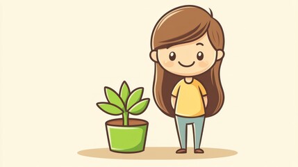 Happy girl standing next to a potted plant.