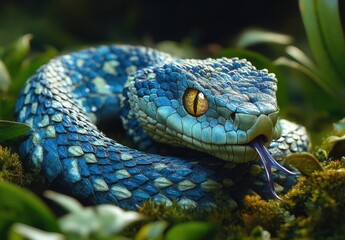 Fototapeta premium Stunning Blue Snake in Natural Habitat with Vibrant Scales and Intense Eyes, Captured in Lush Greenery for Wildlife and Nature Photography Enthusiasts