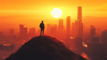 Fototapeta premium man stands on hill overlooking city at sunset