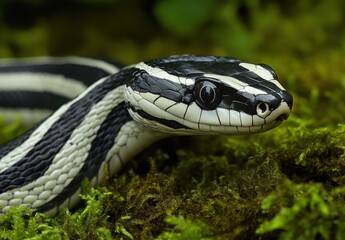 Obraz premium Stunning Close-Up of a Striped Snake on Lush Green Moss, Capturing the Unique Patterns and Textures of Nature in a Serene Forest Environment