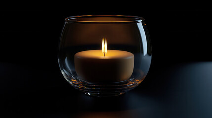 single candle in elegant glass holder glows warmly in dark