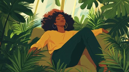 Serene Black woman resting amidst lush tropical foliage in a sunlit conservatory.