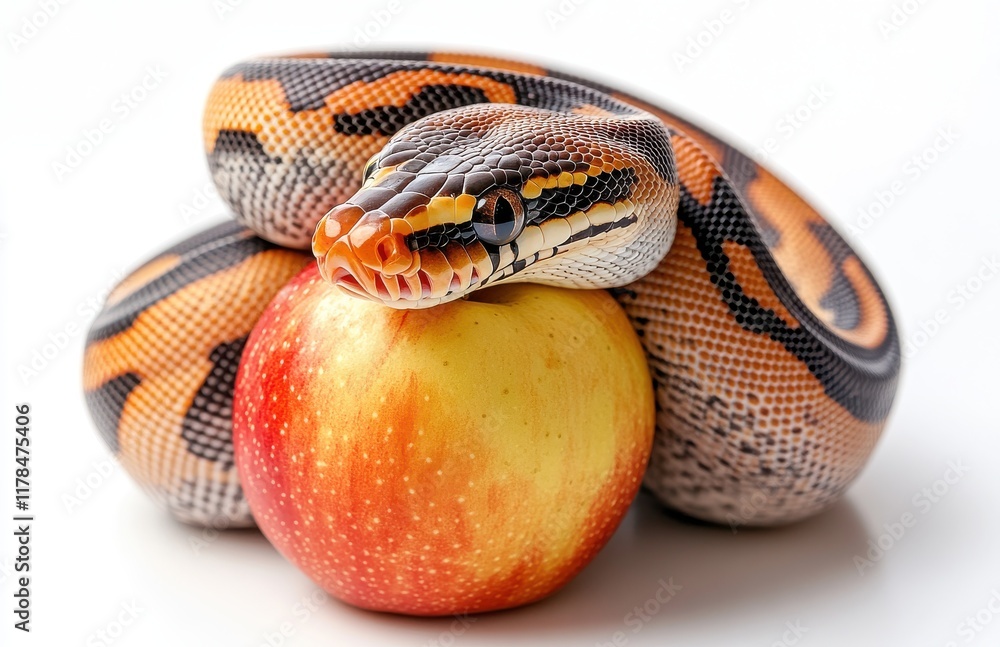 Poster vibrant ball python coiled on a fresh red apple showcasing the unique patterns and colors of this st