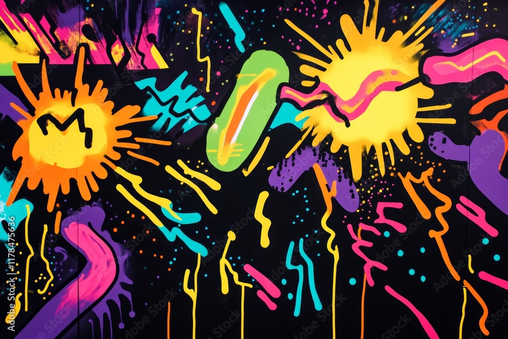 Poster colorful abstract graffiti art featuring neon splashes and dynamic shapes, creating a vibrant and en