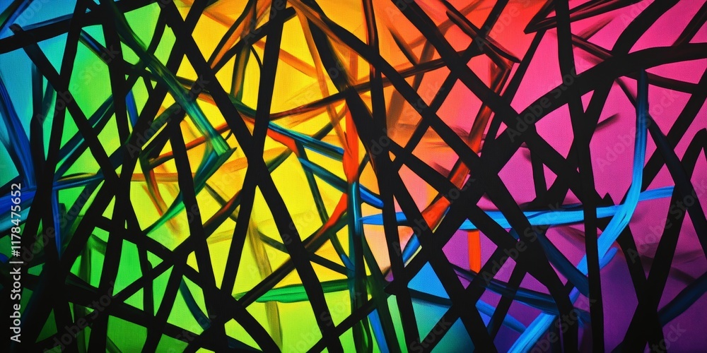 Poster dynamic abstract artwork featuring bold black lines over a vivid rainbow gradient, creating a striki