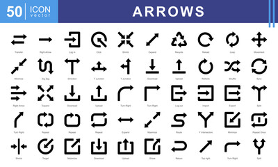 Arrow icon collection set. Containing download, upload, refresh, reload, shuffle, sync, expand icon.