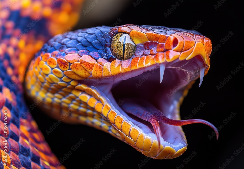 Poster vibrant close-up of a colorful snake with an open mouth, showcasing intricate scales and sharp fangs