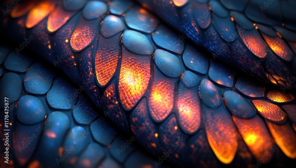 Poster vibrant close-up of a scaly texture with multicolored patterns, showcasing blue and orange hues and 
