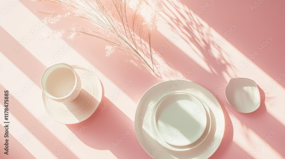 Poster elegant minimalist tableware on a pink background with soft shadows and a delicate floral touch, cre