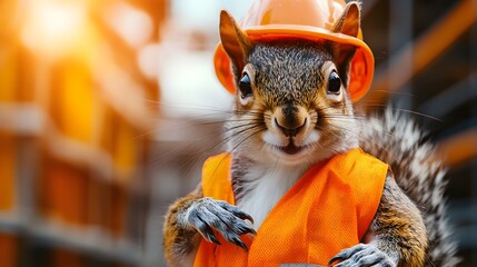 A squirrel in a construction worker's outfit, with a bright orange background resembling a worksite © ABC IMAGE