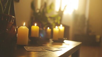 Mystical altar with tarot cards and candles