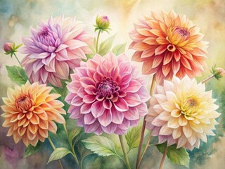 Obraz premium Panoramic watercolor captures a simple, minimalist dahlia in a serene botanical illustration.